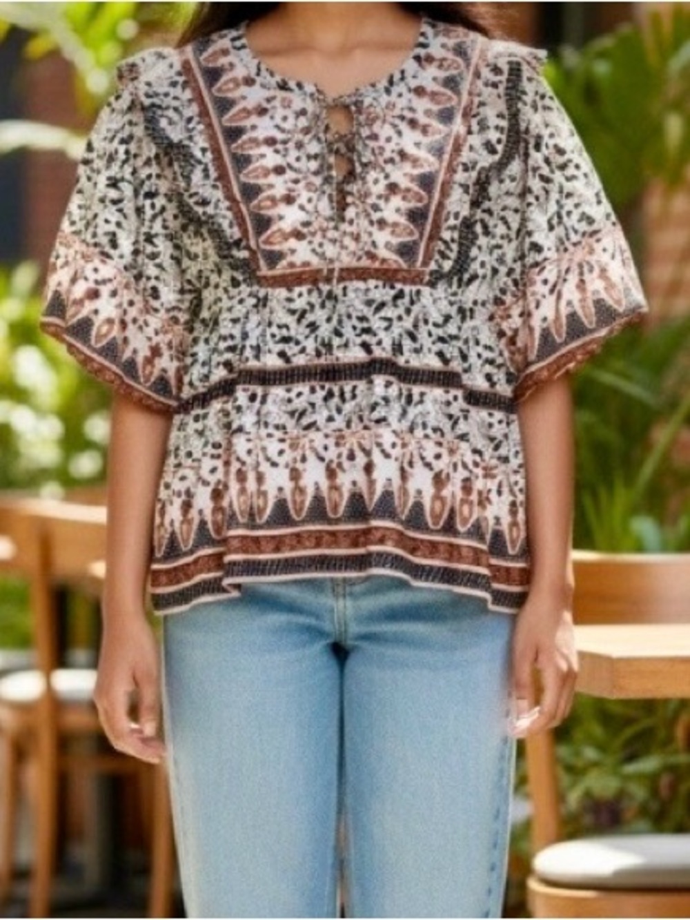 Calypso St. Barth Boho Block Print Lace Up Blouse
